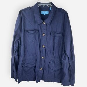 Draper James‎ RSVP Navy Blue Jacket Blazer Top Linen Blend Beach XXL 2X 2XL